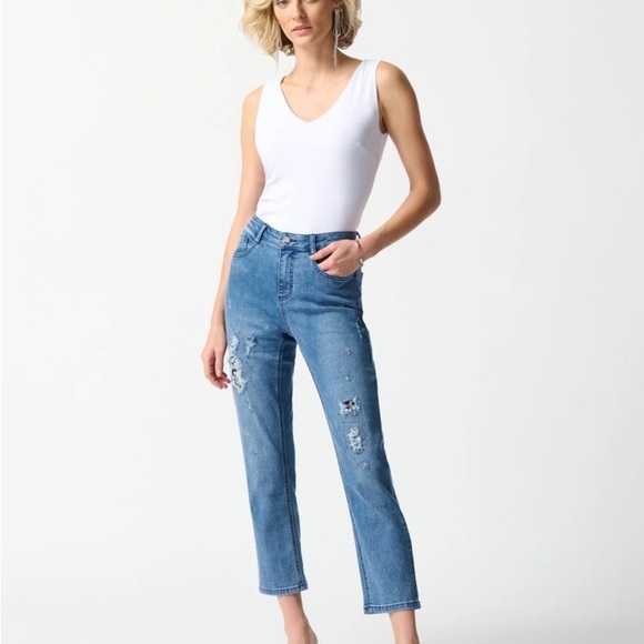 Joseph Ribkoff denim jeans embellished with Patch Pearl size 10 - Picture 1 of 3